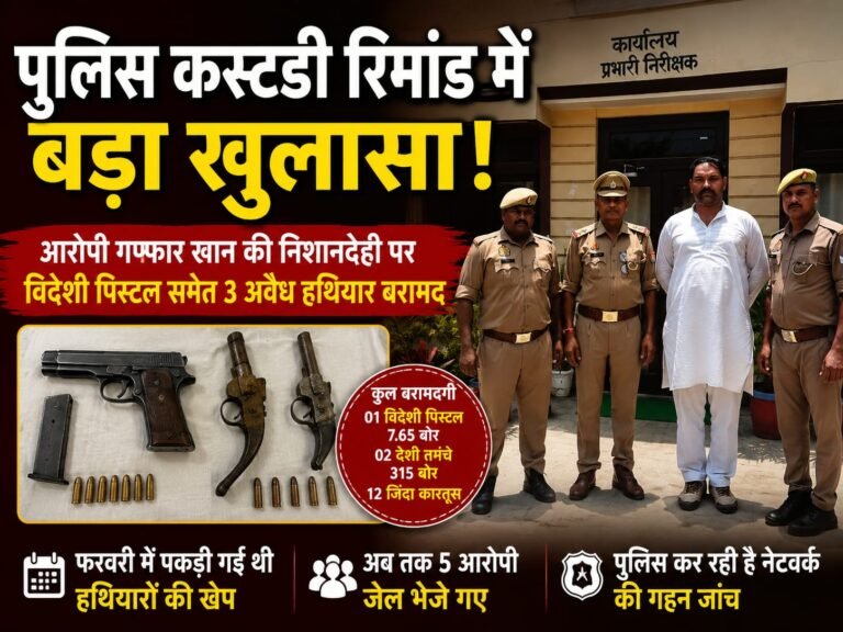 गफ्फार खान की पुलिस कस्टडी रिमांड में बड़ा खुलासा, विदेशी पिस्टल समेत तीन अवैध हथियार और कारतूस बरामद।