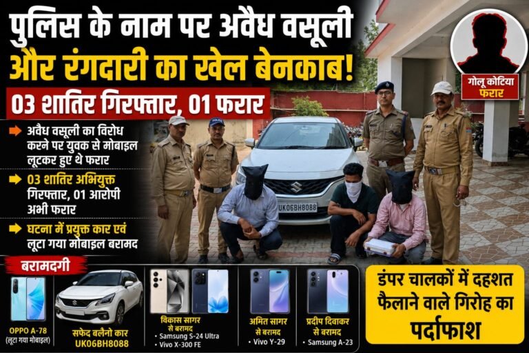 जीरो टॉलरेंस” पुलिस के नाम पर अवैध वसूली और रंगदारी का खेल बेनकाब, 03 गिरफ्तार, 01 फरार, एसएसपी ने कार्यवाही कर अपराधियों को दिया सख्त संदेश।