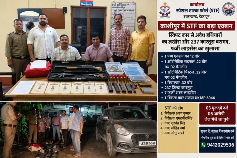 उत्तराखंड में STF का बड़ा एक्शन: स्विफ्ट कार से अवैध हथियारों का जखीरा और 237 कारतूस बरामद, फर्जी लाइसेंस के खेल का भी खुलासा…